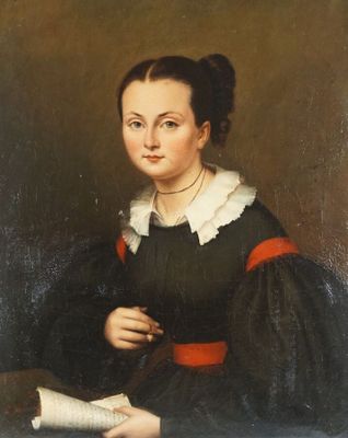 un tableau représentant une femme tenant un livre et vêtue d'une robe noire
