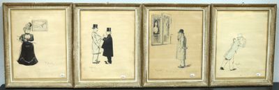 trois dessins encadrés représentant des personnes en tenue de cérémonie et coiffées de chapeaux