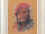 tableau représentant un homme, une pipe à la bouche, coiffé d'un chapeau rouge