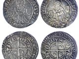 quatre pièces d'argent, dont l'une représente une croix et un homme