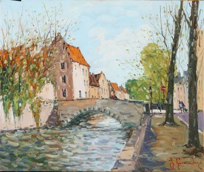tableau représentant une rivière traversant une petite ville avec un pont