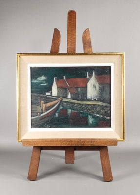 une image représentant un tableau posé sur un chevalet, avec un bateau dans l'eau