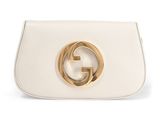 a white gucci bag with a gold buckle on the front