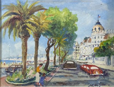 une image représentant une peinture d'une rue de ville avec des palmiers