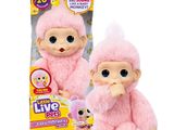 the little live pets doll is pink and has big eyes