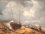 a painting of a boat on a beach with people on it