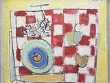 a painting of a red and white checkered tablecloth with a blue plate