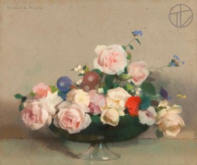 a painting of flowers in a glass vase on a table