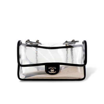 Sac Chanel noir et blanc transparent avec des finitions dorées