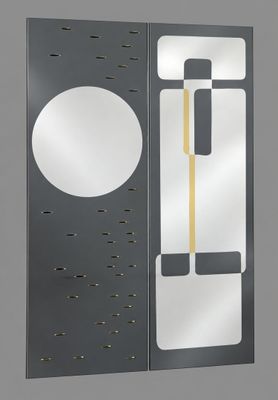 an image of a bathroom mirror with a black and white design on it
