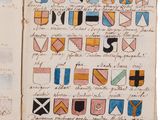 an open book with a drawing of a number of flags on it
