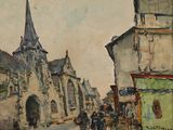 peinture d'une scène de rue avec une église en arrière-plan