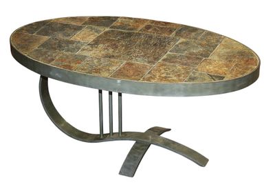 the table is made of metal and has a stone top