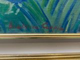 an oil painting of a blue bird perched on a branch of a tree