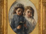 painting of two young girls reading a book in a gold frame