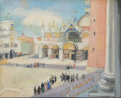 tableau représentant une place de ville où des gens se promènent