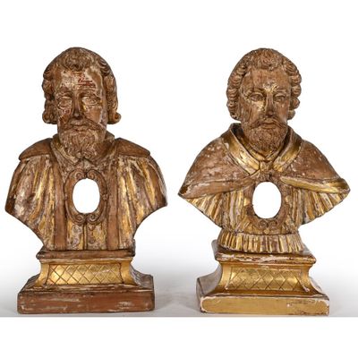 PAIRE DE BUSTES RELIQUAIRES en bois sculpté, patiné et doré … - Photo 1