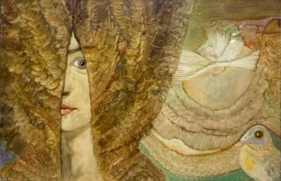 un tableau représentant une femme avec un oiseau sur l'épaule