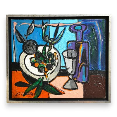 peinture d'un vase avec des fleurs sur une table