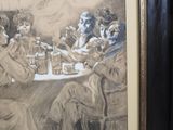 drawing of a group of people sitting around a table with drinks