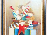 tableau représentant un groupe de personnes jouant d'un instrument dans une pièce