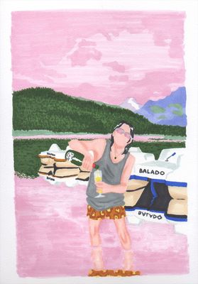 un tableau représentant une femme debout devant un bateau