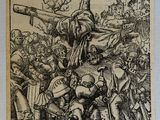 un dessin en noir et blanc représentant un homme à cheval tenant une croix