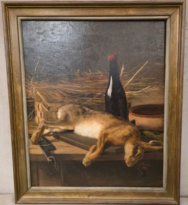 une peinture à l'huile représentant un chat allongé sur une table, à côté d'un oiseau
