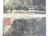 two pictures of horses pulling a carriage in the snow
