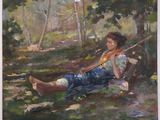 a painting of a woman sitting on a swing in the woods