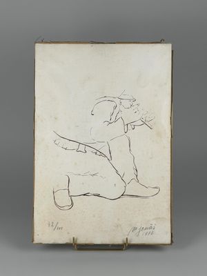 un vieux dessin représentant un homme assis par terre, les jambes croisées