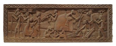 an image of a wooden panel with a group of people on it