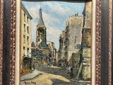 une peinture à l'huile représentant une scène de rue avec un clocher d'église en arrière-plan