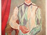 tableau représentant un jeune homme vêtu d'une chemise rayée et tenant un couteau