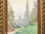 a painting of a landscape with trees and a river