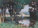 a painting of a painting of a river in the woods