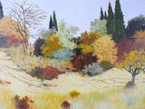 a painting of a field with trees in the background