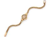 a close up of a gold wrist watch on a white background