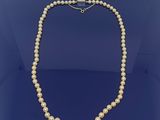 un collier de perles avec un fermoir en or sur fond bleu