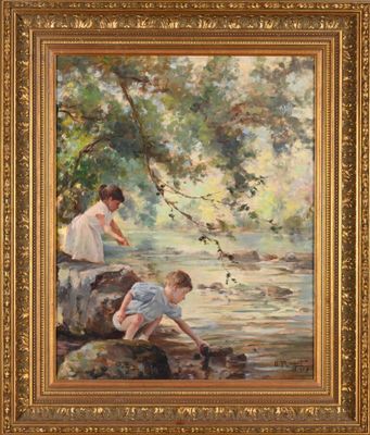 an oil painting of two children sitting on a rock by a river