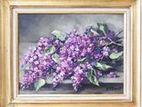 painting of a painting of a bunch of purple flowers in a gold frame