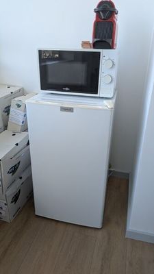 un petit réfrigérateur blanc et un micro-ondes dans une petite pièce