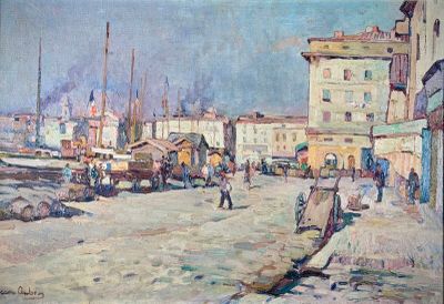 a painting of a street scene with a horse and buggy