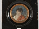painting of a woman in a red dress in a black frame