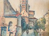 tableau représentant un vieux bâtiment avec une tour horloge et des passants marchant dans la rue
