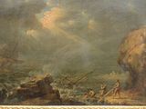 painting of a painting of a ship in a body of water with people on it