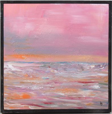 un tableau représentant un ciel rose au-dessus d'un plan d'eau
