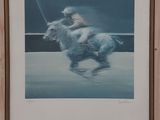 tableau représentant un homme à cheval dans la neige, par une journée enneigée