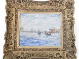 an oil painting of a boat in a body of water with buildings in the background