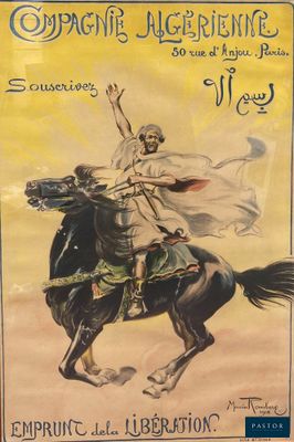 an old poster of a man riding a horse with a woman on it